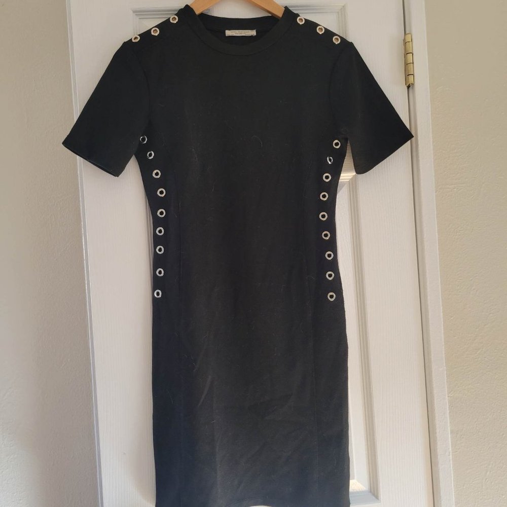 Zara Trafaluc Fitted Black Dress with Silver O-Rings - Size 28